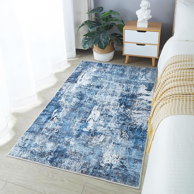 Rugcomf 3x5 Area Rug Blue Soft Abstract Boho Vintage Pattern Non-Slip Non-Shedding Faux Wool Washable for Bedside, Bedroom, Kitchen, Floor, Indoor