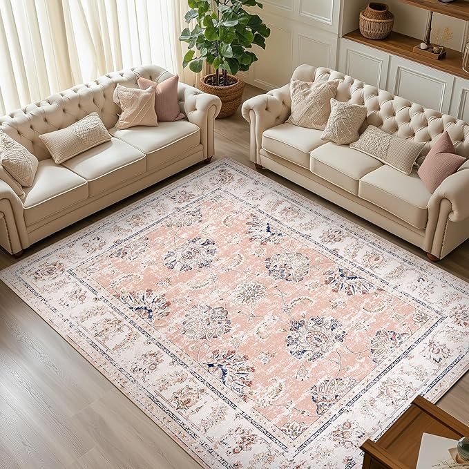 jinchan Fiora 8x10 Area Rugs for Living Room - Machine Washable Vintage Floral Distressed Design Stain Resistant Boho Carpet Low Pile Non-Slip Rug for Bedroom Dining Room Home Office (8‘x10', Pink)