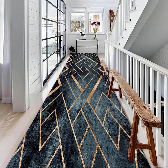 Navy Blue Gold Geometric Rug Runners for Hallways, 4x12ft, Modern Gold Line Indoor Carpet, Minimalist Art Durable Fade Resistant Rugs, Anti-Skid High Traffic Rugs for Kitchen LaundryRoom