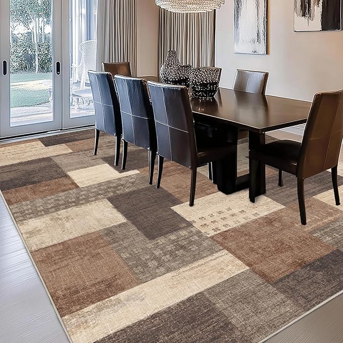Modern Geometric Patchwork Indoor Area Rug for Living Room, Beige 9'x 12' Large Rug Rockwood Collection Hardwood Floors Decor for Bedroom, Beige Throw Carpet for Office Entryway Dining Room