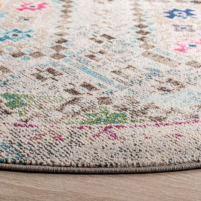 SAFAVIEH Madison Collection Area Rug - 9' Round, Grey & Yellow, Boho Diamond Distressed Design, Non-Shedding & Easy Care, Ideal for High Traffic Areas in Living Room, Bedroom (MAD418F)