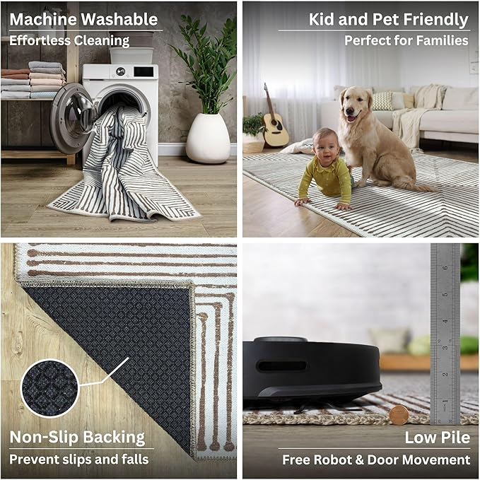 Bloom Rugs Washable Non-Slip 7 ft Runner - Brown Striped Runner for Entryway, Hallway, Bathroom, and Kitchen - Exact Size: 2.5' x 7'