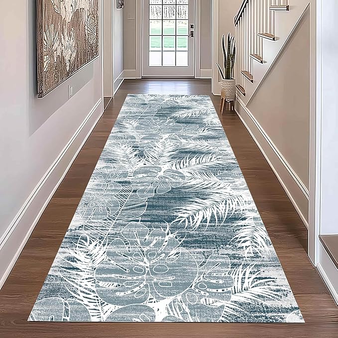Blue White Tropical Runner Rug 2x6ft - Indoor Outdoor Non-Shedding Washable Carpet, Soft Durable Floor Mat for Patio, Hallway, Kitchen, Living Room