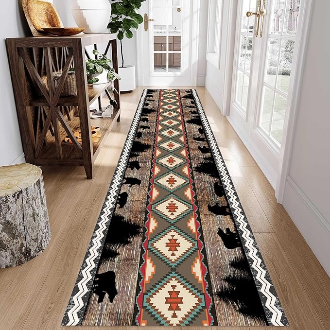 Southwestern Runner Rug, 4x12ft, Rustic Lodge Aztec Country Bear Decorative Runner Rug, Vintage Forest Birch Wild Animal Print Entrance Hallway Rug, Soft Non-Slip Carpet for Living Room Bedroom