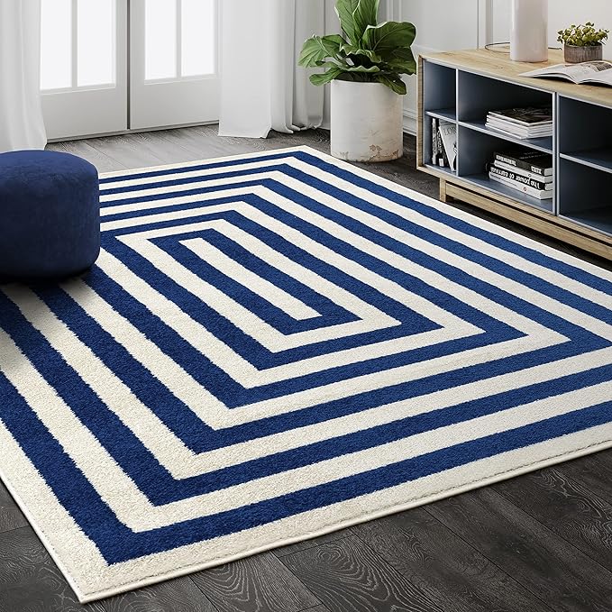 Abani Contemporary Blue & Ivory 6'x9' Area Rug, Contrasting Geometric Modern Stripe Symmetrical Living Room Carpet Rugs