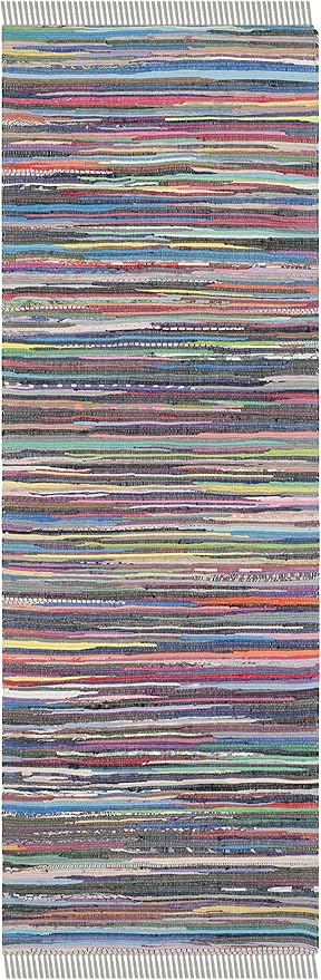 SAFAVIEH Rag Rug Collection Runner Rug - 2'3" x 6', Grey & Multi, Handmade Boho Stripe Cotton, Ideal for High Traffic Areas in Living Room, Bedroom (RAR121M)