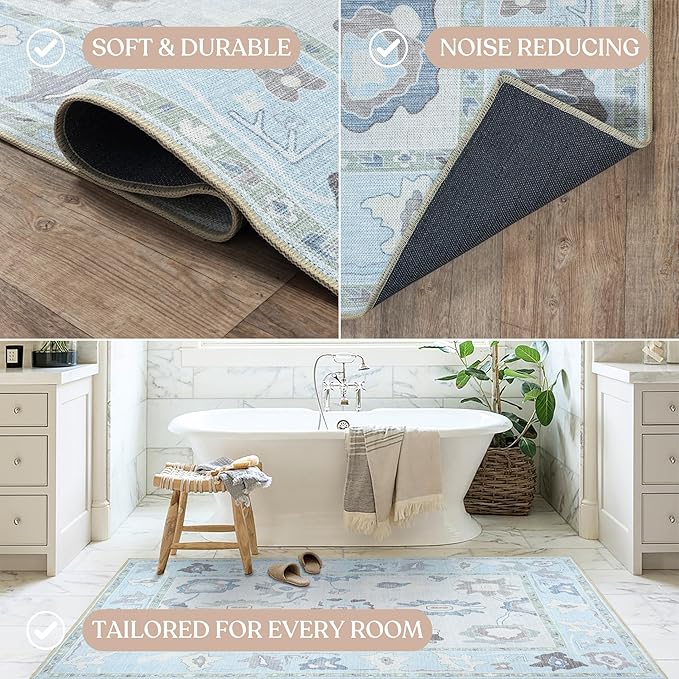 Fame Living Cream Blue Oushak Runner Rug, Modern Runners, Vintage, Turkish, Eclectic, Floral, Pastel, Washable, Runner for Hallway, Kitchen, Bedroom, Bathroom, 2'5"x9'8"