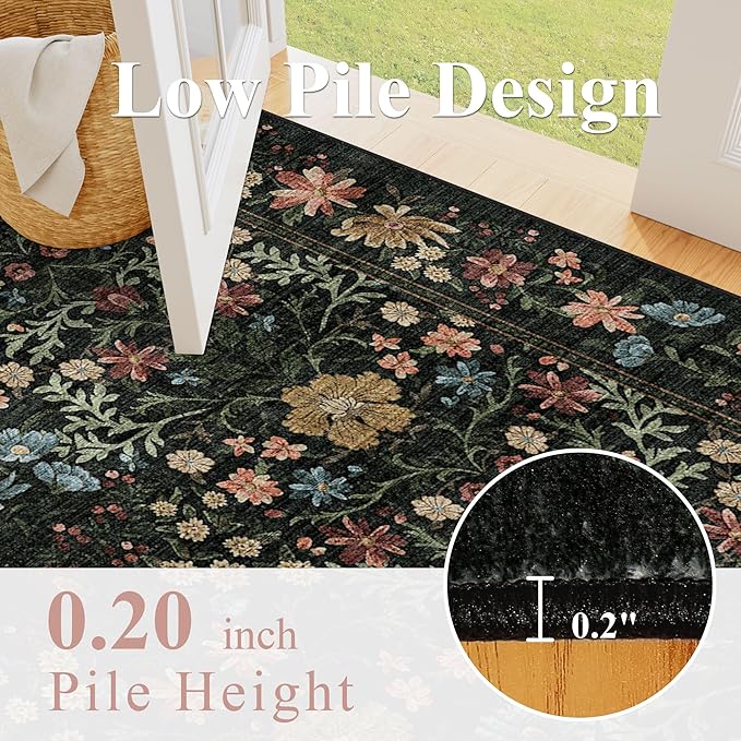 DUKINO 4x6 Rugs for Living Room, Lightweight Non Slip Washable Rug with Low Pile Design, Vintage Floral Non-Shedding Soft Carpet for Living Room, Bedroom, Farmhouse, Office, Bathroom, Black