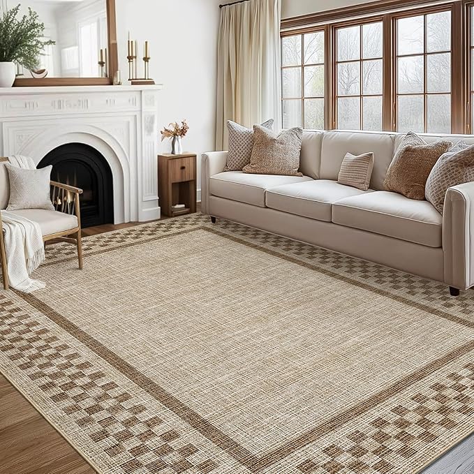 Small Bedroom Area Rug 3x5 Checkered Area Rug for Living Room Nursery Non Slip Kitchen Throw Carpet Low Pile Modern Bordered Rugs Washable Bathroom Mat Soft Brown Rugs for Laundry Entryway, Taupe