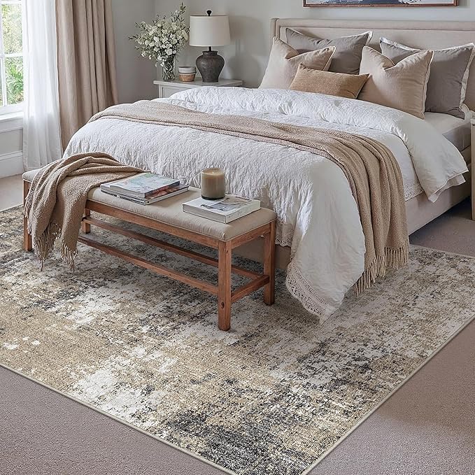 5x7 Abstract Area Rug Brown Washable Non Slip Living Room Carpet Modern Neutral Low Pile Ultra Soft Bedroom Throw Rug Contemporary Indoor for Kitchen Office Laundry Dining Room Bathroom