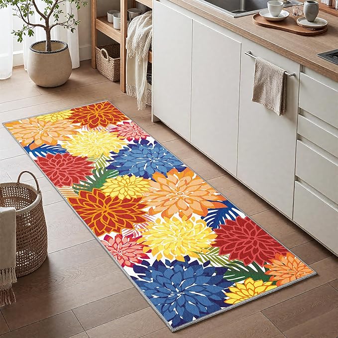 Colorful 2x6 Washable Runner Rug for Hallway Tropical Botanical Modern Floral Chenille Kitchen Rugs Low Pile Non Slip Carpet for Patio, Bedroom, Laundry, Rainbow