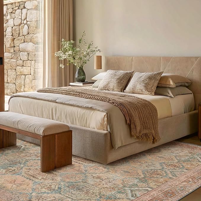 Bavni Washable Rug 5x7 Area Rug for Living Room Bedroom Dining, Washable Vintage Print Carpet, Ultra-Thin Chenille Low Pile Lightweight Rug with Non Slip Backing, Clay