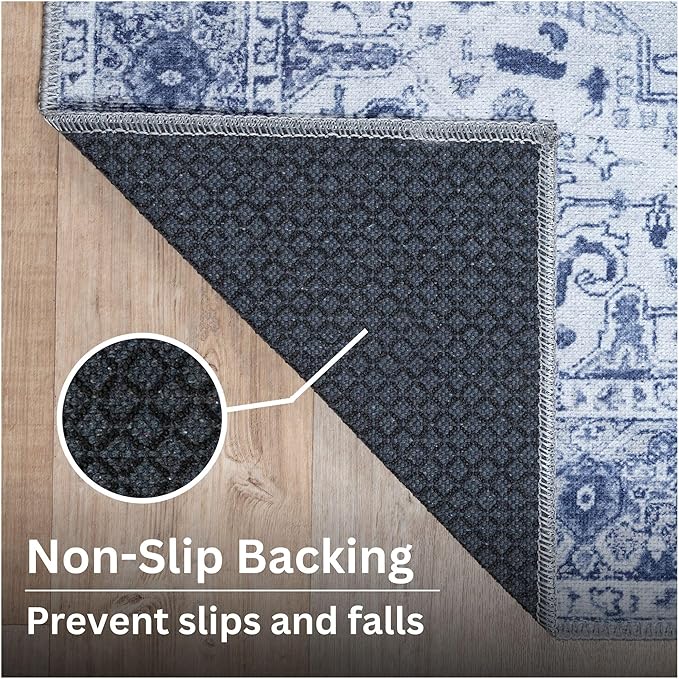 Bloom Rugs Washable Non-Slip 7 ft Runner - Gray/Blue Traditional Medallion Runner for Entryway, Hallway, Bathroom, and Kitchen - Exact Size: 2.5' x 7'