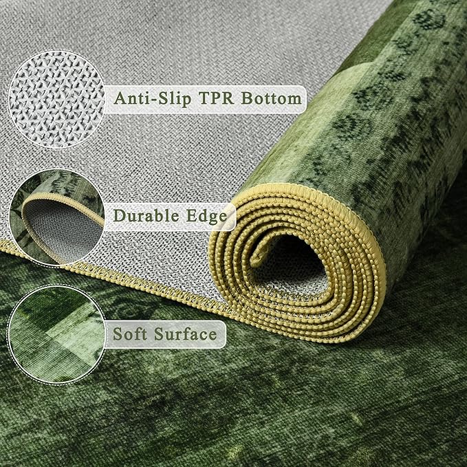 Tepook Modern Area Rug for Living Room, 4x6 Geometric Large Rugs for Bedroom, Washable Patchwork Rug Indoor Non-Slip Throw Carpets for Dining Room Office Farmhouse Home Decor, Green
