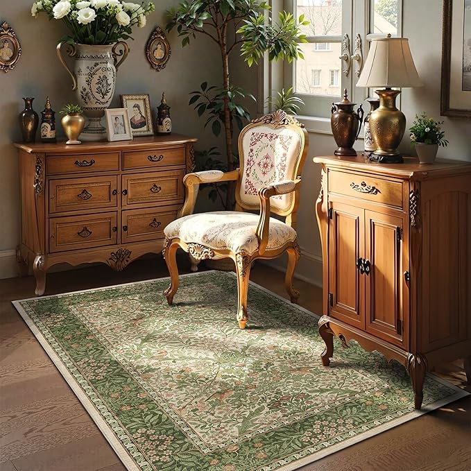 3x5 Floral Washable Area Rug for Living Room, Vintage Boho Rugs for Bedroom Dining Room, Botanical Birds Non Slip Low Pile Forest Throw Carpet for Farmhouse Office, Retro Pink/Green