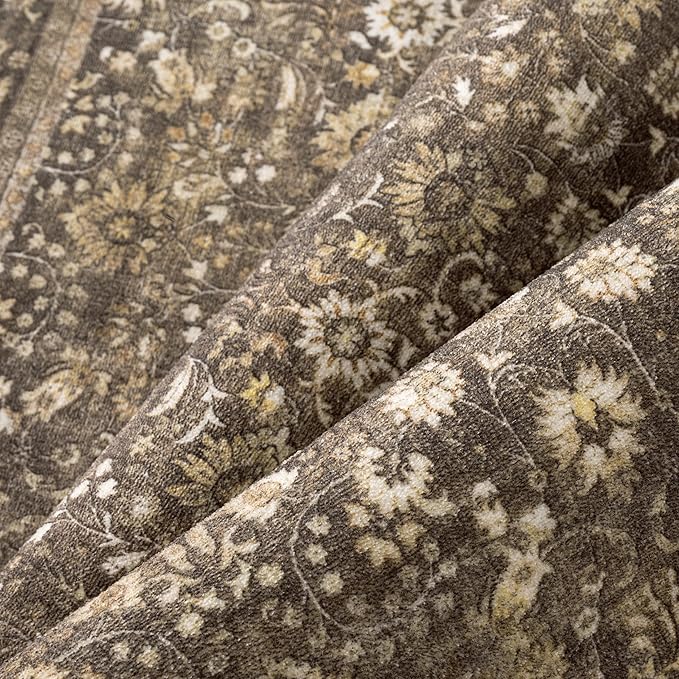 HUGEAR 9x12 Machine Washable Rugs Brown Hallway Large Area Rug Indoor Accent Rug Floral Low Pile Carpet Soft Throw Aesthetic Rug Bedroom Living Room Office Dining Room Kitchen Laundry Room