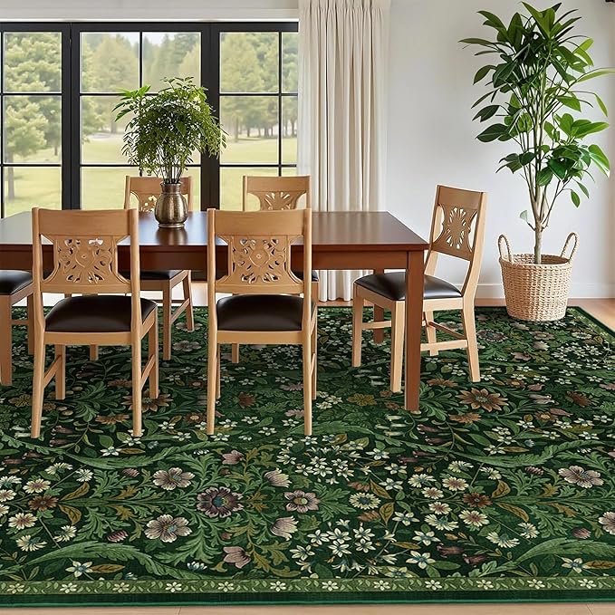 9x12 Dark Green Vintage Floral Area Rug,Washable Large Boho Living Room Rugs,Botanical Print Non-Slip Stain Resistant Lightweight Carpet for Bedroom Dining Room Nursery