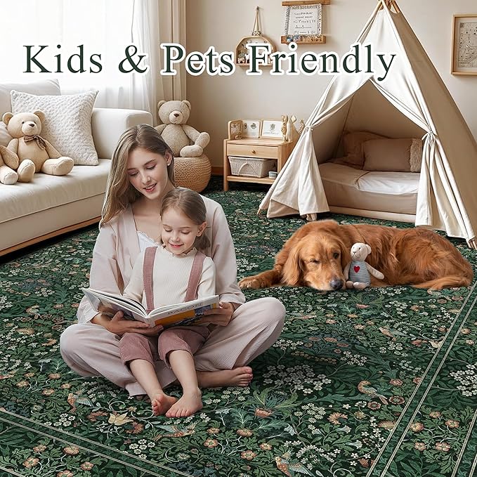2x6 Floral Washable Area Rugs Soft Runner Rug for Living Room, Vintage Boho Hallway Rug for Bedroom Dining Room, Distressed Botanical Birds Non Slip Low Pile Throw Carpet for Office, Bright Green