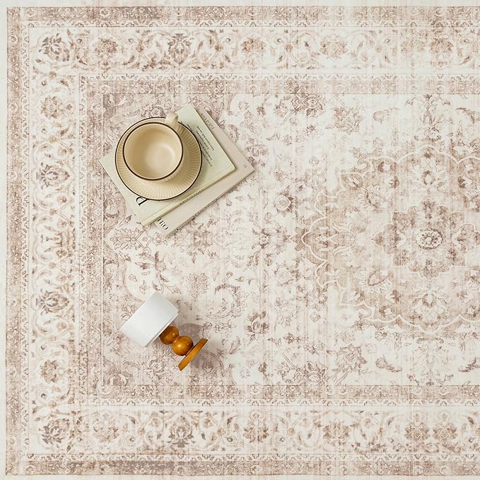 2x5 Beige Washable Vintage Area Rug for Living Room Bedroom Soft Tranditional Non Slip Runner Rug Lightweight Floral Low Pile Distressed Carpet Hallway Kitchen Bedroom Entrance