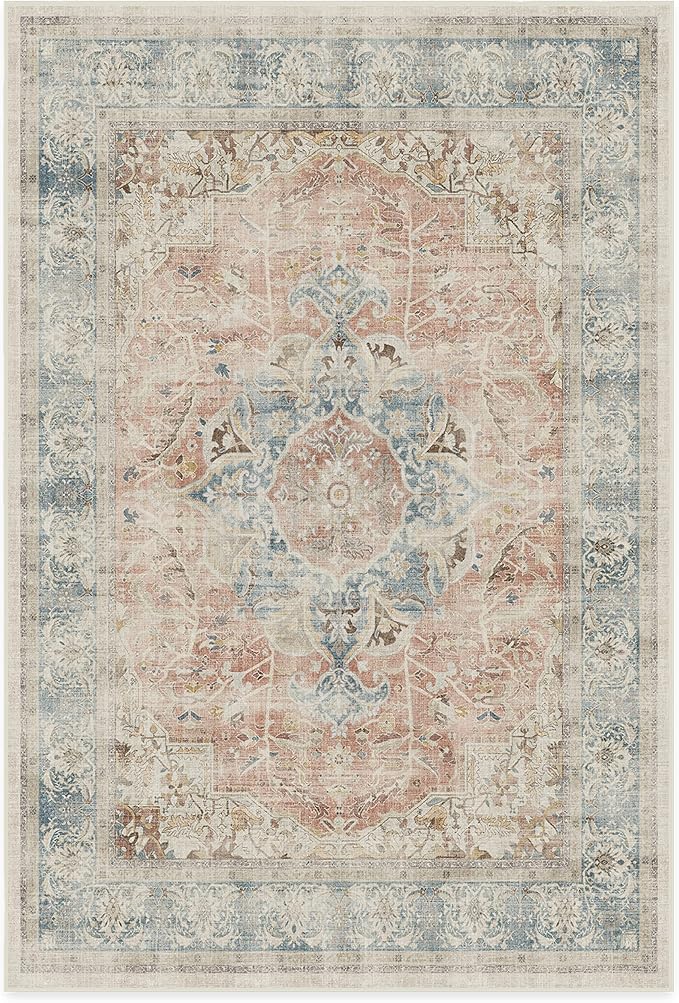 RUGGABLE Washable Vintage Area Rug – Sarrah Coral 6x9, Stain-Resistant, Non-Slip – Medium Machine Washable Rugs for Living Room, Bedroom, Hallway, Entryway & Office–with Standard Pad