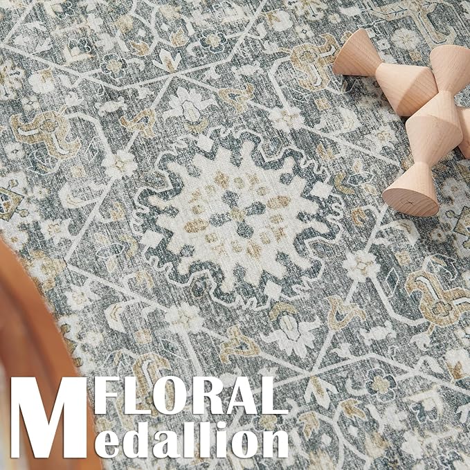 jinchan Area Rug 4x6 Washable Bedroom Rug Vintage Distressed Gray Multi Floral Floor Cover Indoor Mat Retro Carpet Living Room Kitchen Office Farmhouse Grey