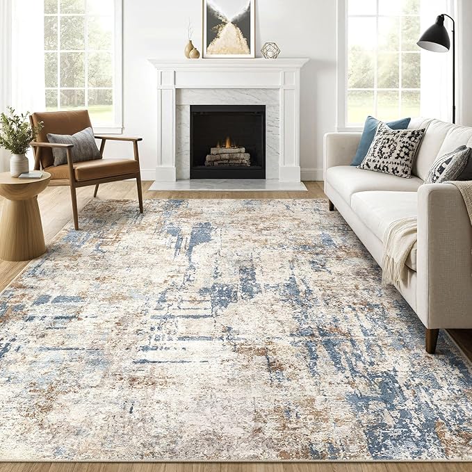 9x12 Area Rug Washable Rugs: Living Room Large Abstract Modern Soft Stain Resistant Indoor Floor Non Slip Accent Carpet for Bedroom Nursery Playroom Office Dining Room Dorm Home House- Tan