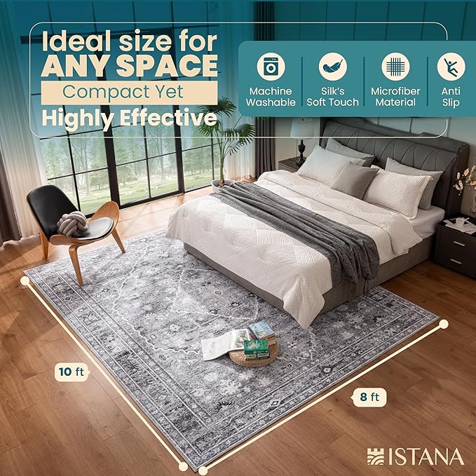 Istana 8x10 Area Rug - Grey 8x10 Rugs for Living Room - Foldable Rugs for Bedroom - Stain Resistant Washable Rug - Eco-Friendly Area Rugs - Easy to Clean Living Room Rug