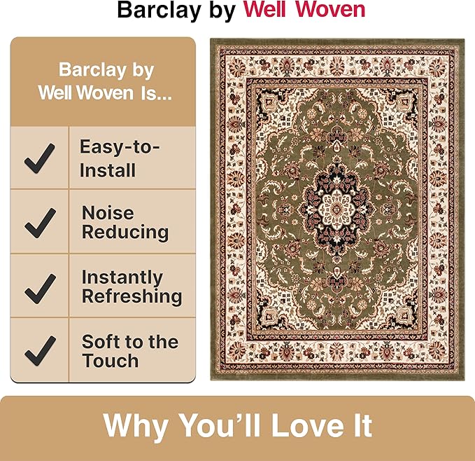 Well Woven Barclay Collection Medallion Kashan Green 9x12 Area Rug - for Living Room, Bedroom, and Dining Room