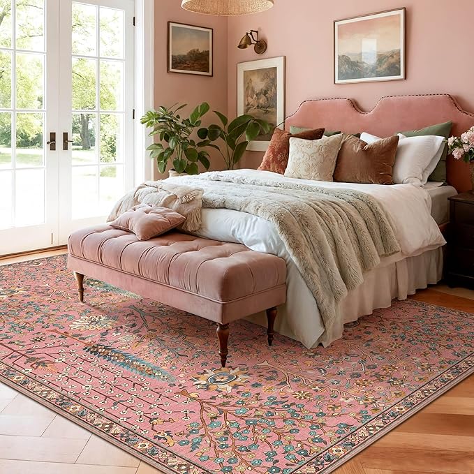 Kokia Boho Vintage Floral Area Rugs, Washable Oriental Botanical Rugs for Living Room, Bedroom, Dining Room, Office, Large Soft Indoor Area Rug, Rosette Pink，9x12