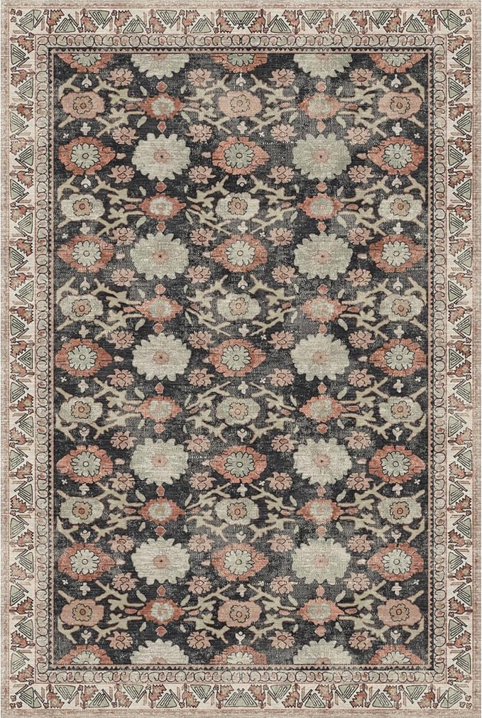 Kuden 10x14 Large Area Rug, Machine Washable Area Rug with Non-Slip Backing, Vintage Style, Soft, Easy Clean, Low Pile Rug for Living Room, Bedroom, Dining Room