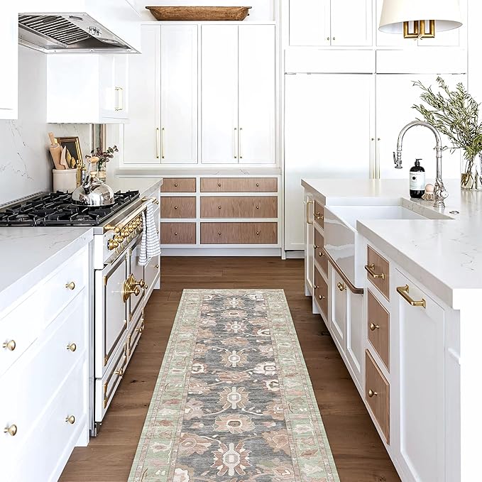 Fame Living Green Oushak Runner Rug, Modern Runners, Turkish, Eclectic, Floral, Pastel, Washable, Small Throw Rugs, Short Runner for Hallway, Laundry, Foyer, Bedroom, Kitchen, Bathroom, 2'5"x6'5"