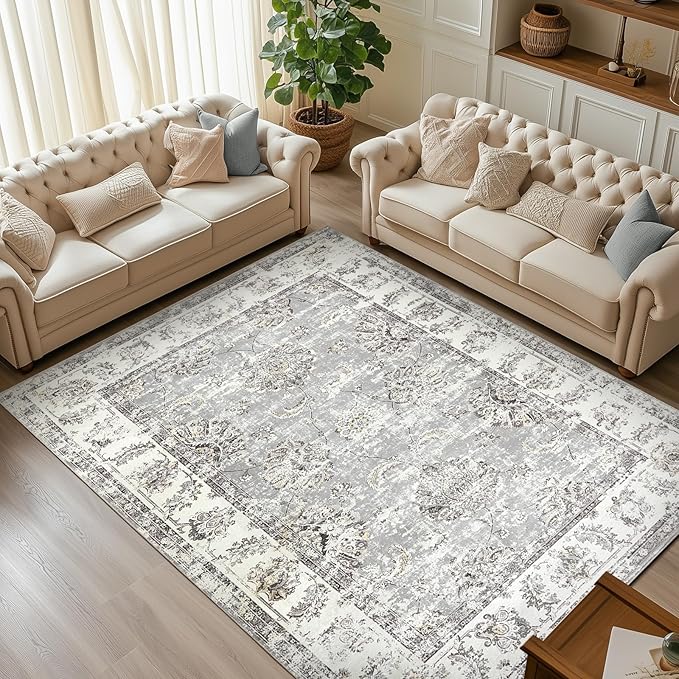 jinchan Fiora 8x10 Area Rugs for Living Room - Machine Washable Vintage Floral Distressed Design Stain Resistant Boho Carpet Low Pile Non-Slip Rug for Bedroom Dining Room Home Office (8‘x10', Grey)