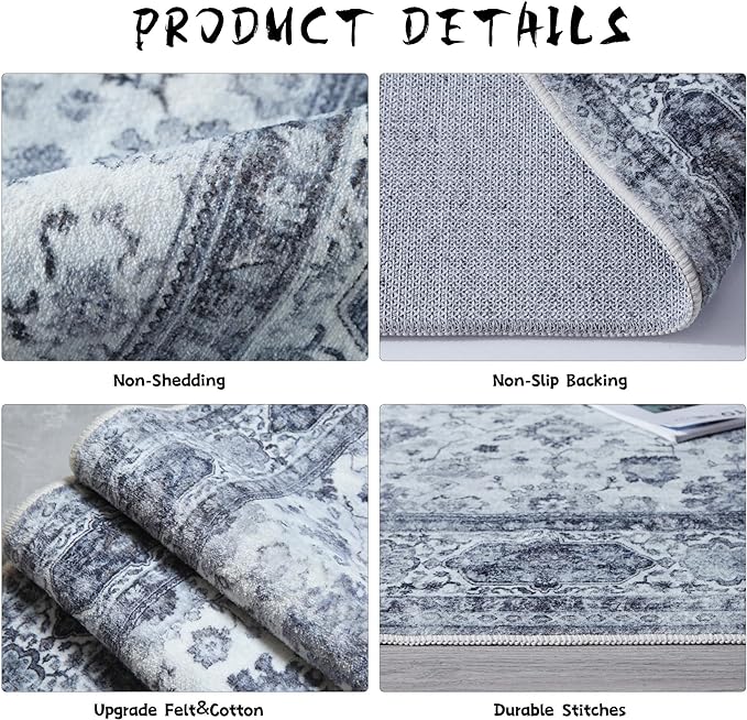 Rugcomf Runner Rug 2'6''x8' Hallway Washable Boho Soft Area Rug Non-Slip Faux Wool Vintage for Kitchen, Entryway, Laundry, Bedroom, Indoor (Grey and White)