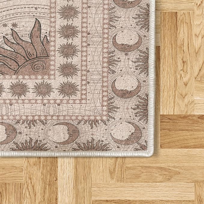 Ambesonne Sun and Moon Decorative Rug, Bohemian Artwork Design of Crescent Solar Ornament Esoteric Stars Ornament, Quality Carpet for Bedroom Dorm and Living Room, 2' 5" x 5', Pale Chocolate