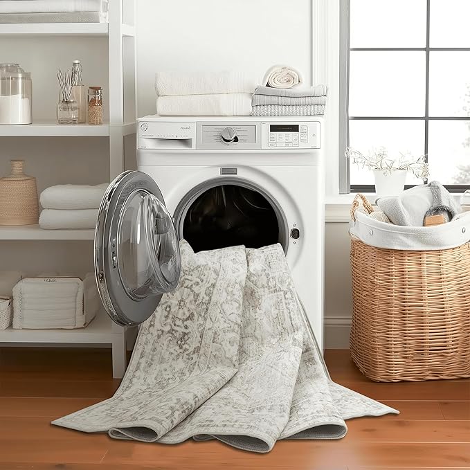 ReaLife Rugs Machine Washable Area Rug - Living Room Bedroom Bathroom Kitchen Entryway Office - Padded Low Pile Stain Resistant Premium - Boho Farmhouse Vintage - Lyle - Beige Ivory 5' x 7'
