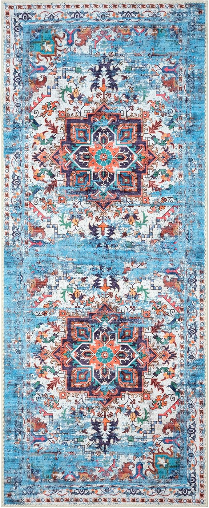 GLN Rugs Traditional Collection - Machine Washable Area Rug, Traditional Washable, Non Slip, Low Pile Chenille Rug, Living Room, Bedroom, Kitchen Rug (2'6" x 10' Blue/Multicolor)