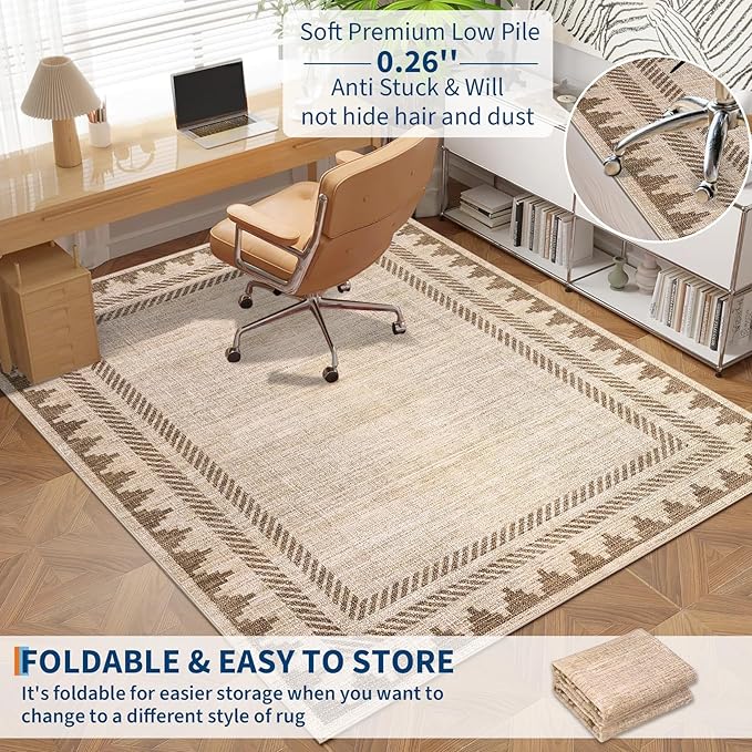 Bordered Printed Non Slip 2x6 Runner Rugs for Hallway Modern Geometric Washable Soft Long Kitchen Rug Stain Resistant Foldable Indoor Rug for Entryway Bedroom, Beige Brown