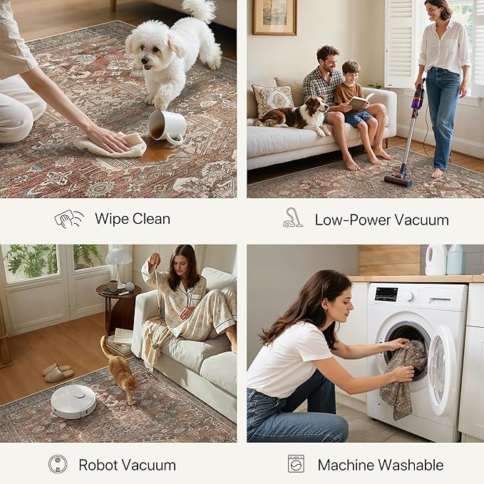 Bavni Washable Rug 2x4, Non Slip Small Runner for Entryway, Kitchen or Bathroom, Vintage Print Thin Low Pile Indoor Carpet, Brick