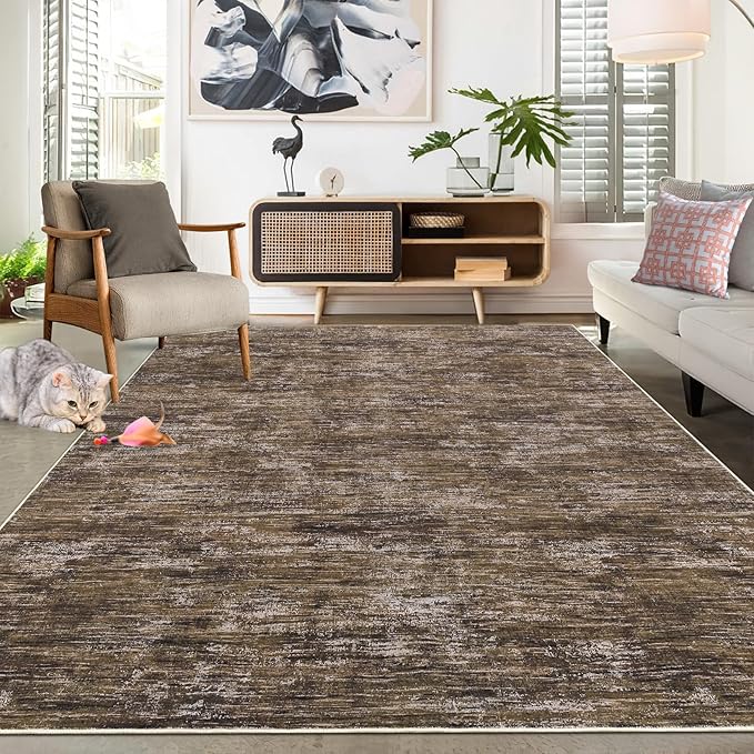 RUGSREAL Bedroom Area Rug 4x6 Modern Abstract Area Rug Stain Resistant Small Living Room Rug Contemporary Dining Room Rug Non-Slip Solid Rug Aesthetic Accent Floor Carpet for Kitchen Office, Brown