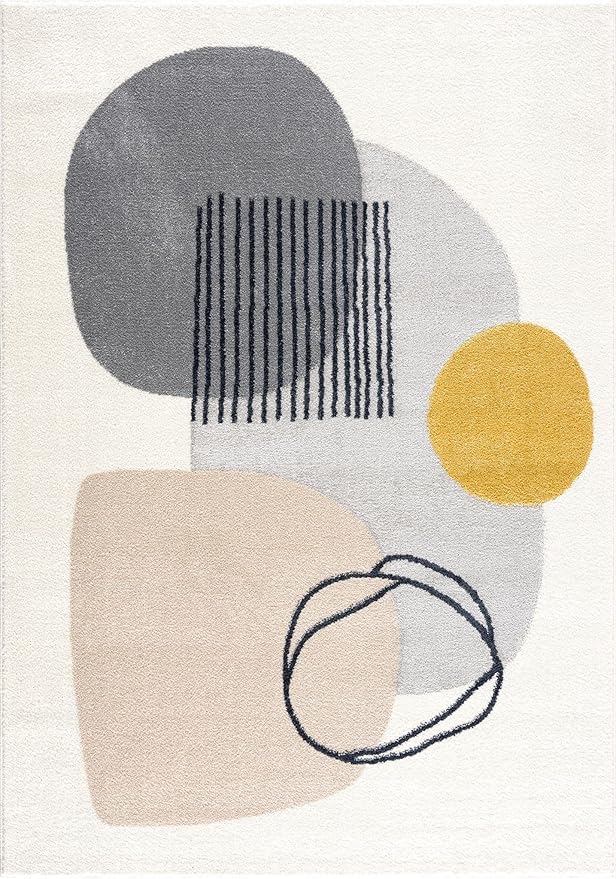 Abani Rugs Cream and Gray 8 ft. x 10 ft.(7'9"x10'2") Mid-Century Rug with Circles and Lines. Neutral Tones of Cream, Gray and a pop of Yellow. Minimalistic Design Turkish Stain Resistant Area Rug.