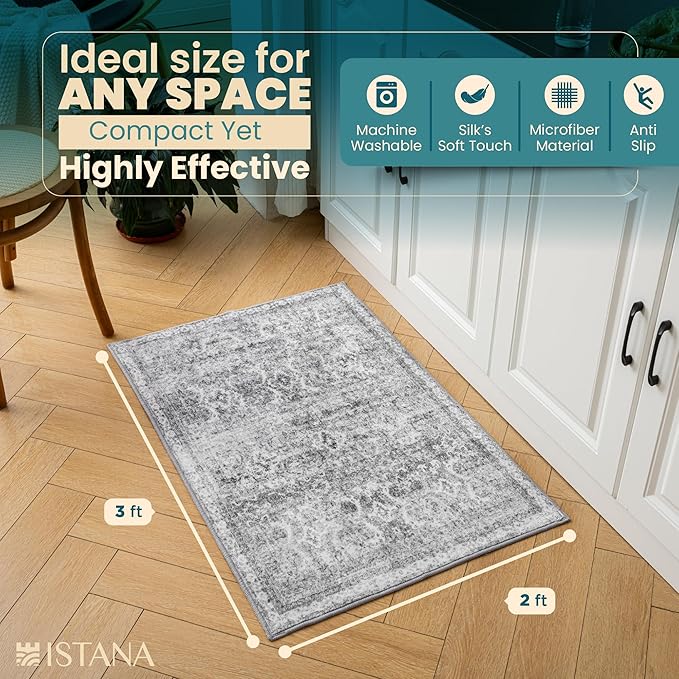 Istana 2x3 Area Rug - Light Grey Boho Rugs for Living Room 2x3 - Foldable Small Rugs for Bedroom - Stain Resistant Washable Rug Non Slip - Eco-Friendly Area Rugs Indoor
