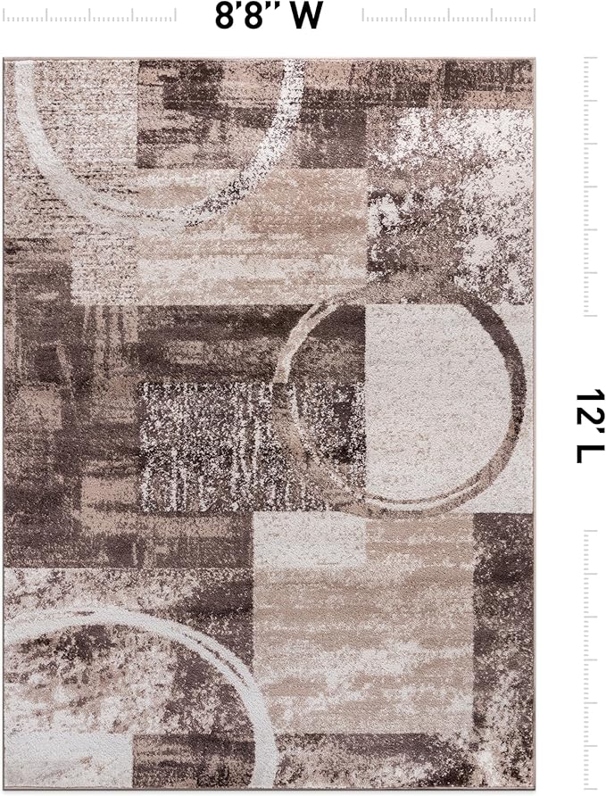 Rugshop Contemporary Abstract Circle Design Area Rug, Fade-Resistant Carpet for Living Room, Dining Room, or Office, Brown, 8'8" x 12'