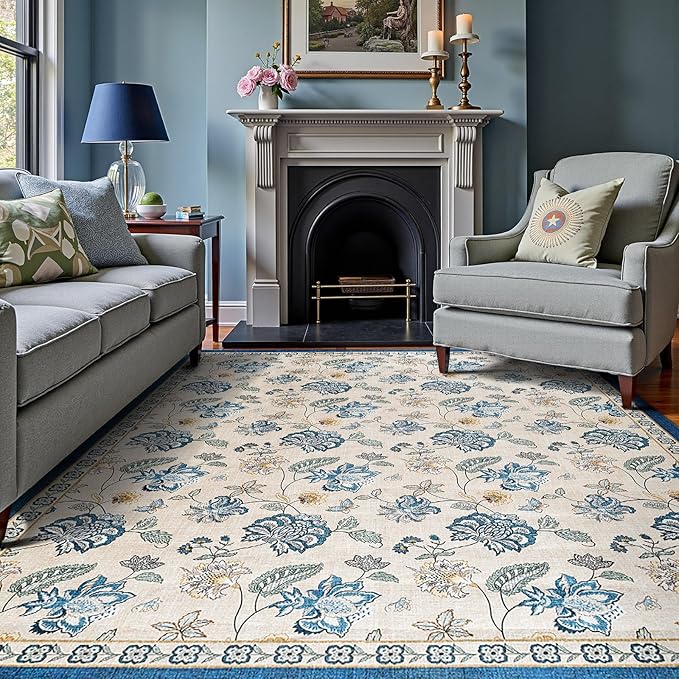 jinchan Elora 8x10 Floral Rug for Living Room Washable Bedroom Rug Vintage Romance Design Non Slip Thin Indoor Floor Cover Large Low-Profile Throw Carpet for Dining Room Office, Blue/Beige