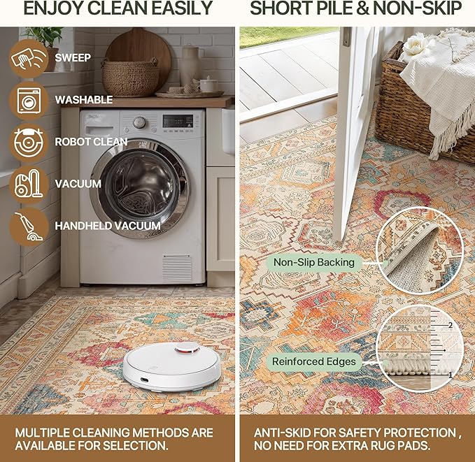 Bavni Washable Rug 8x10 Area Rug for Living Room Bedroom Dining, Washable Vintage Print Carpet, Ultra-Thin Chenille Low Pile Lightweight Rug with Non Slip Backing, Retro Multi