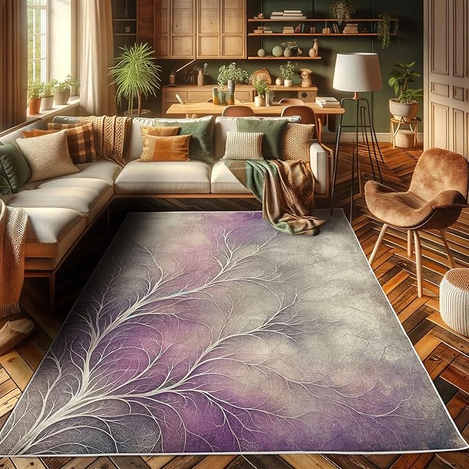 Ambesonne Branches Decorative Rug, Modern Abstract Concept Dreamy Clouds Back Leafless Tree Silhouette, Quality Carpet for Bedroom Dorm and Living Room, 5' 1" X 7' 5", Pale Purple Grey Mauve