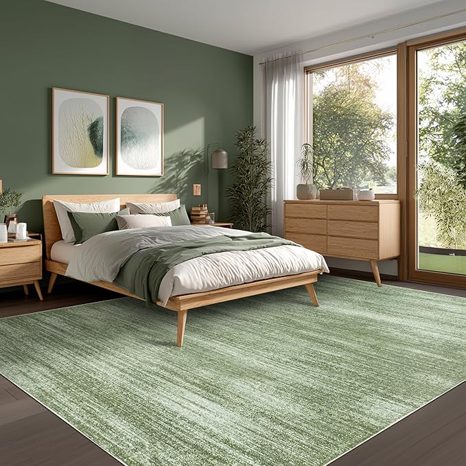 Olive Green Area Rug 8x10 Washable Non Slip Abstract Modern Farmhouse 8x10 Rug for Living Room Bedroom Dark Green Extra Large Carpet for Dining Room Under Table