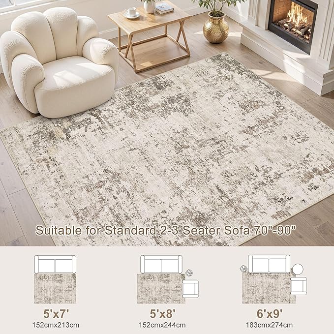 5x7 Area Rug Living Room Rugs - Washable Neutral Modern Abstract Soft Thin Large Rug Indoor Floor No Slip Rug Carpet for Bedroom Under Dining Table Home Office Decor - Dark Brown
