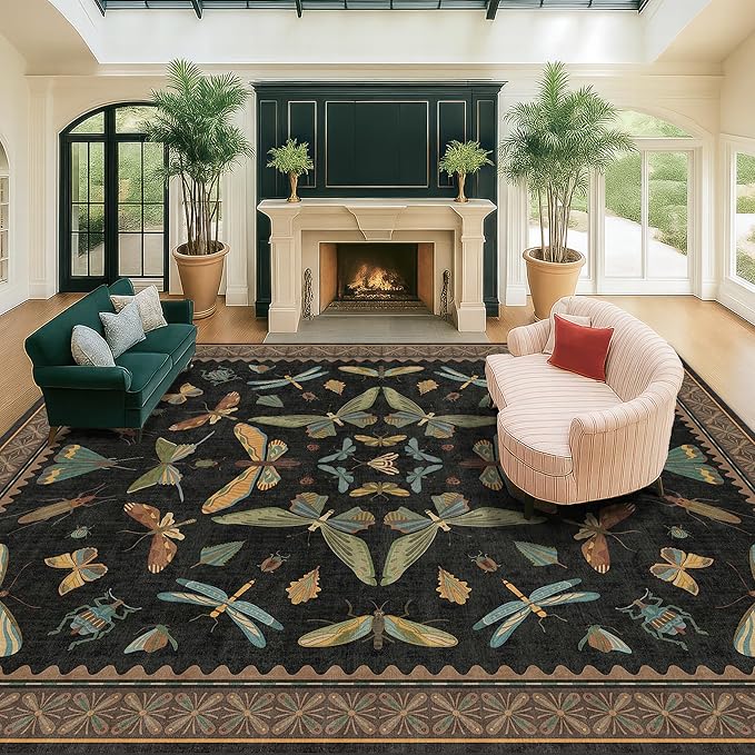 Black Washable Insect Area Rugs 8x10 for Living Room, Bedroom, Dining Room Under Table, Playroom, Large Dark Whimsical Boho Indoor Rug, Ultra Soft Low Pile Non Slip