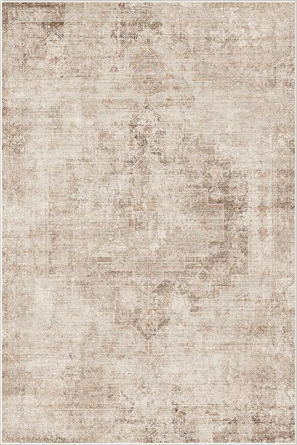 Neutral Farmhouse Area Rug for Bedroom - 6x9 Washable Rug for Dining Room Table, Ultra-Thin Soft Textured Boho Indoor Decor, Fade & Stain Resistant