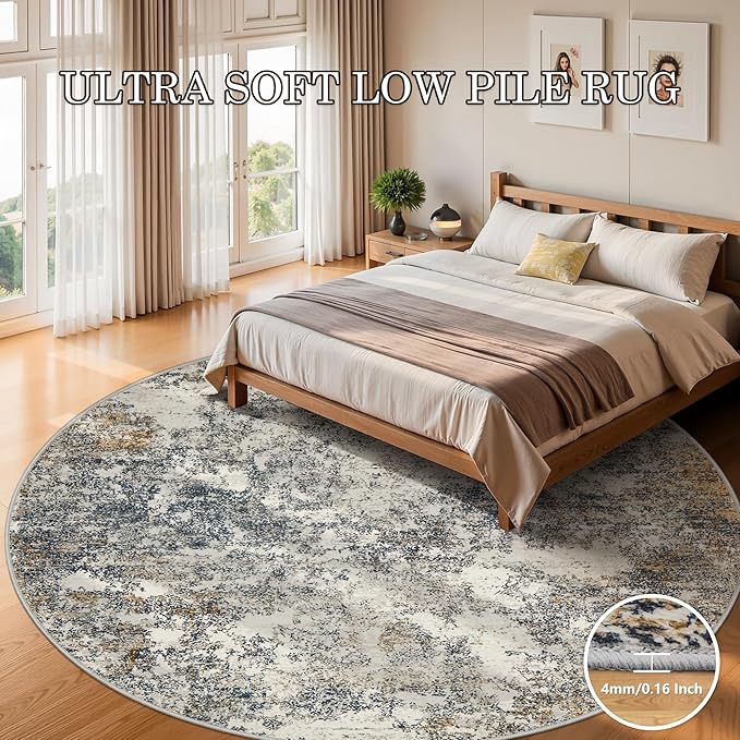 6ft Washable Round Rug - 6x6 Area Rugs Modern Abstract Rugs for Living Room Non-Slip Low Pile Soft Machine Washable Carpet for Bedroom, Living Room, Dining Room, Nursery, Farmhouse (6'x6' Tan Blue)